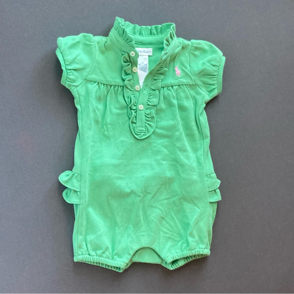 NWT Ralph Lauren Babygirl Green Ruffled Romper, 6 Months